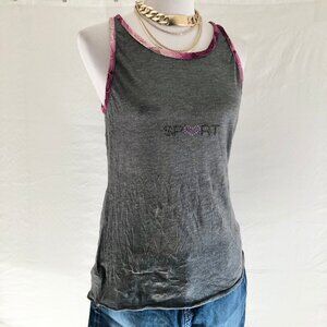Vintage Carushka Bodywear Yoga Tank Top Semi Sheer Charcoal Gray Lace Trim